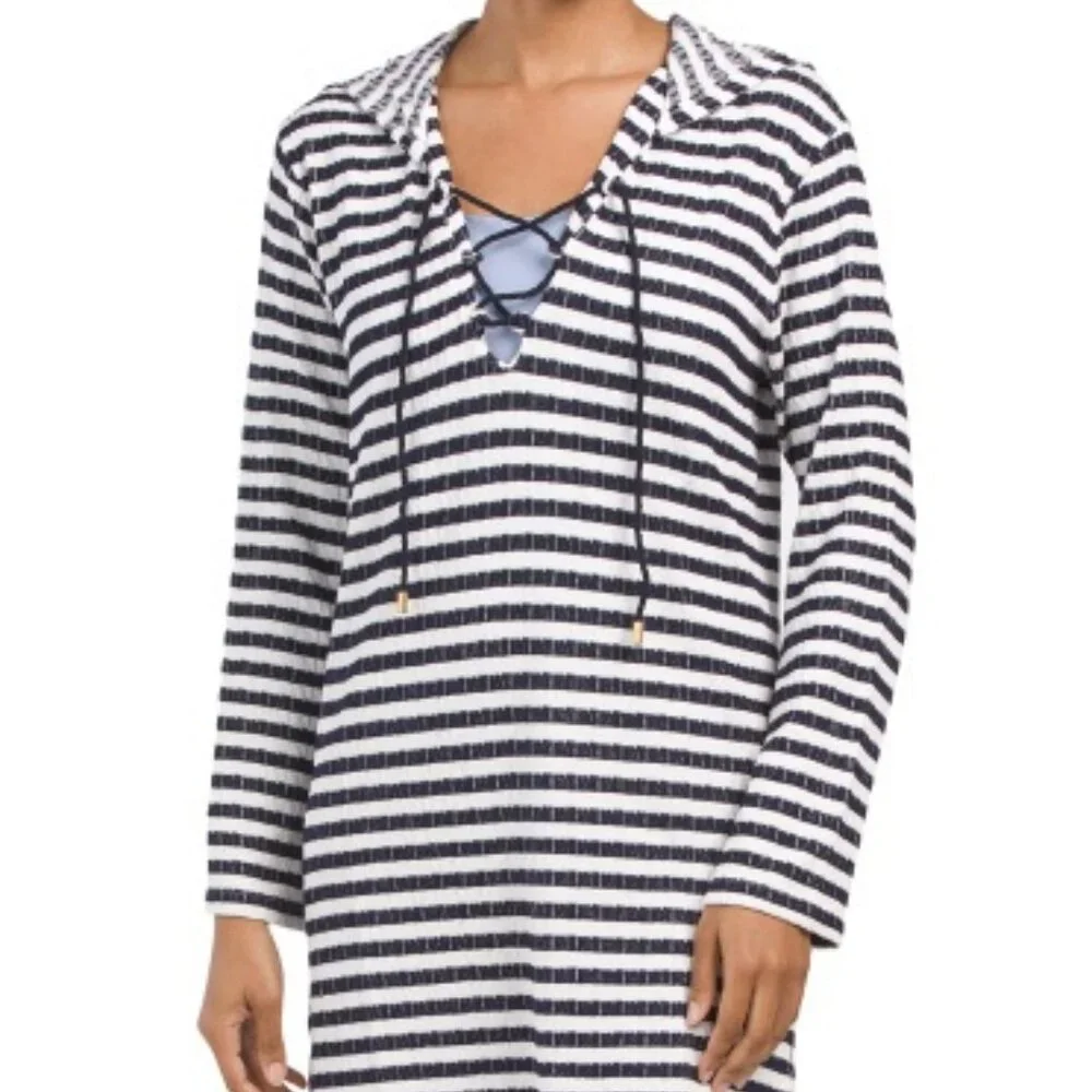 NWT LA BLANCA Static Stripe Hooded V-neck Cover-up Dress Size XS